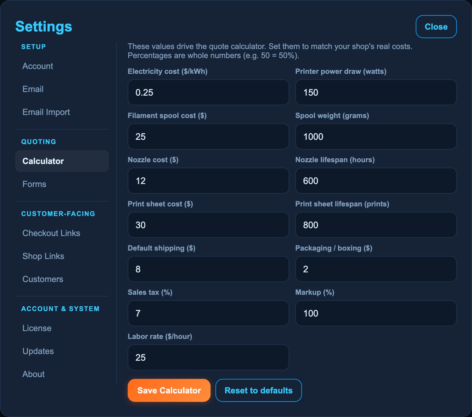 MakerQ settings with license, updates, and configuration