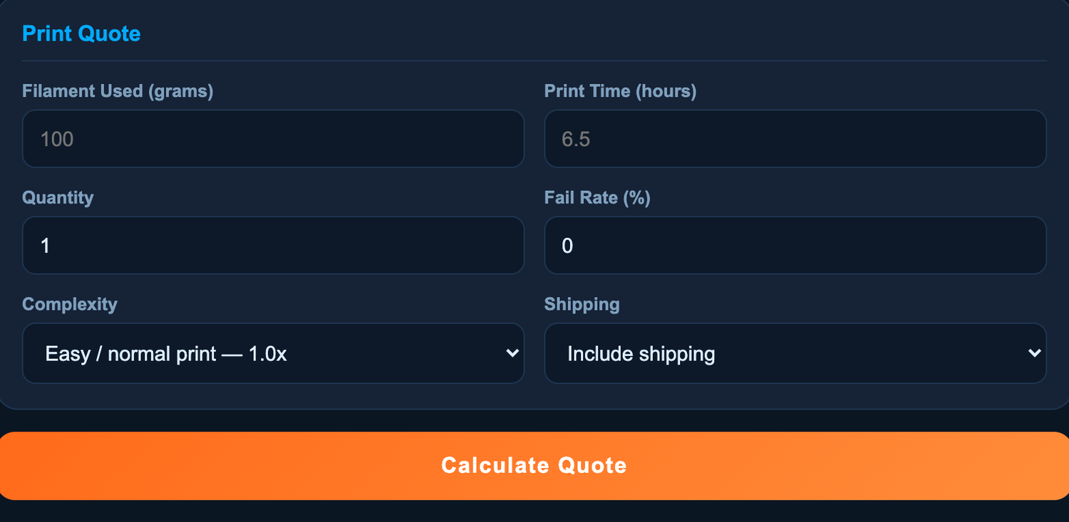 MakerQ quote calculator with material and time inputs