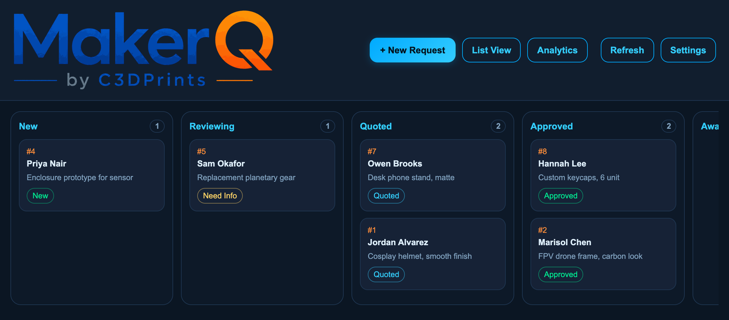 MakerQ Kanban board tracking print jobs