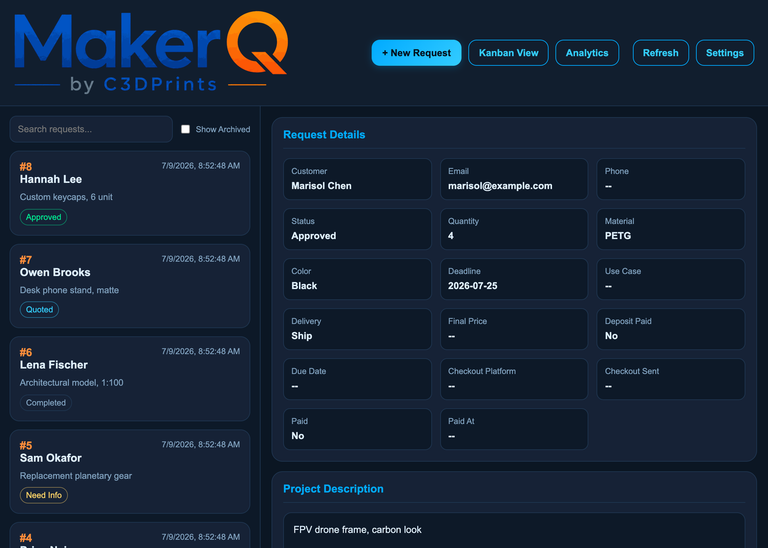 MakerQ quote queue with request details
