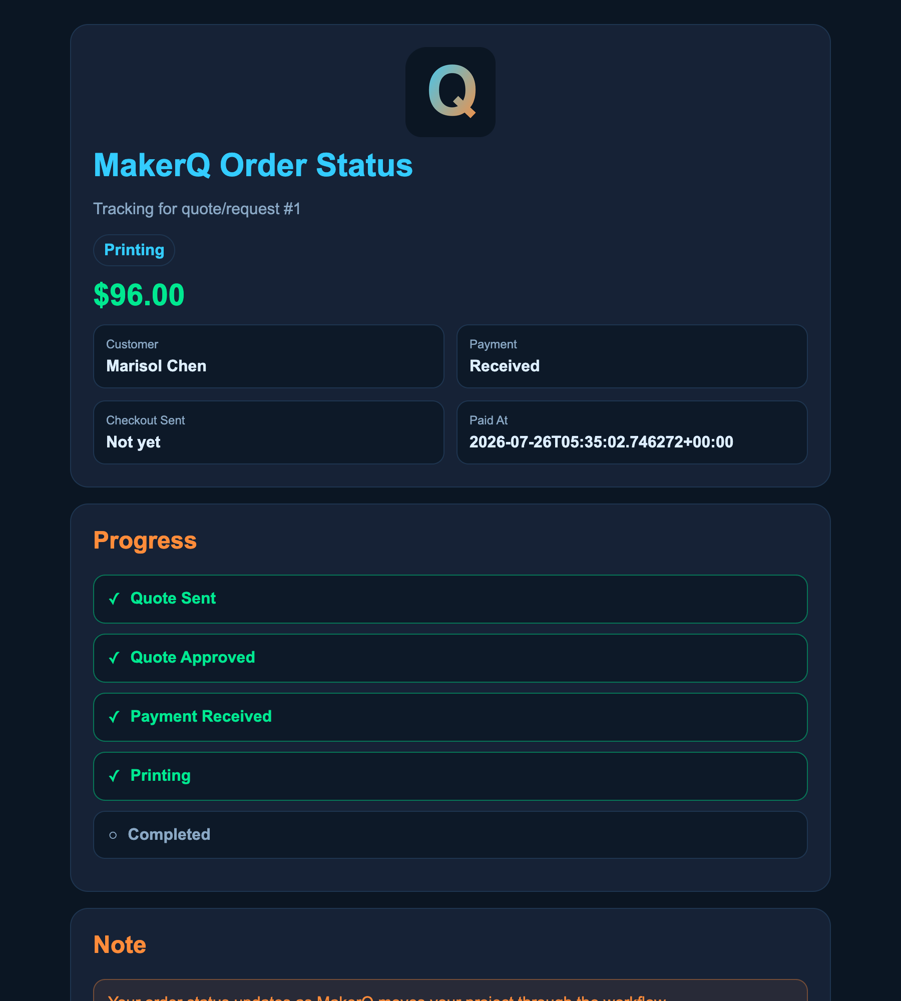 MakerQ customer-facing order status page showing status, price, and progress steps
